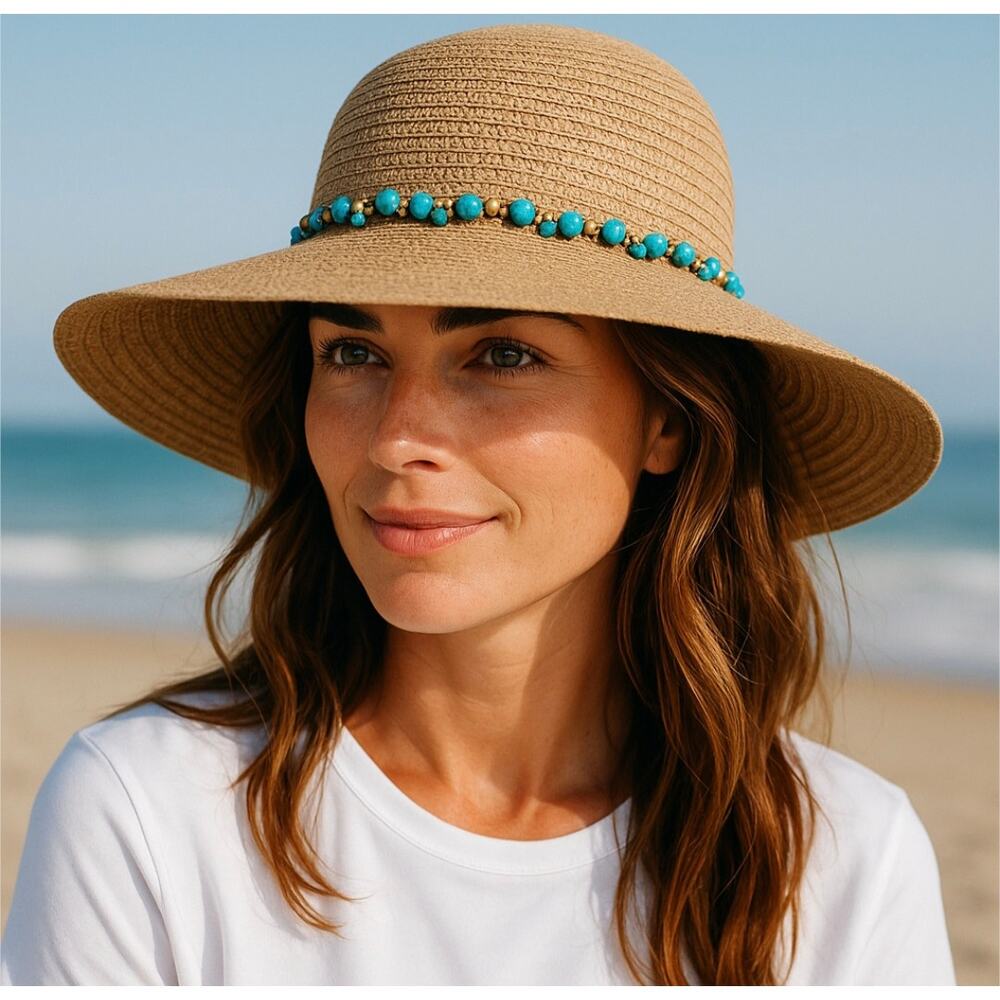 Wide Brim Boho Straw Sun Hat with Faux Turquoise & Silver Beads